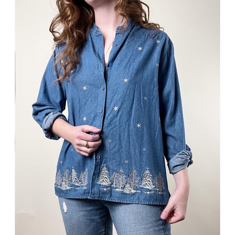 Vintage Winter Christmas Embroidered Button Down Shirt Oversized Denim Jean Top